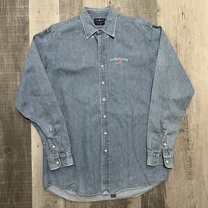 Vintage Polo Ralph Lauren 90s USA Flag Spell Out Chambray Denim Button Shirt XL